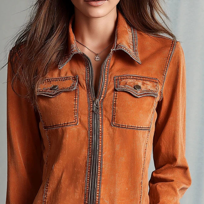 Retro Burnt Orange Zip Denim Jacket