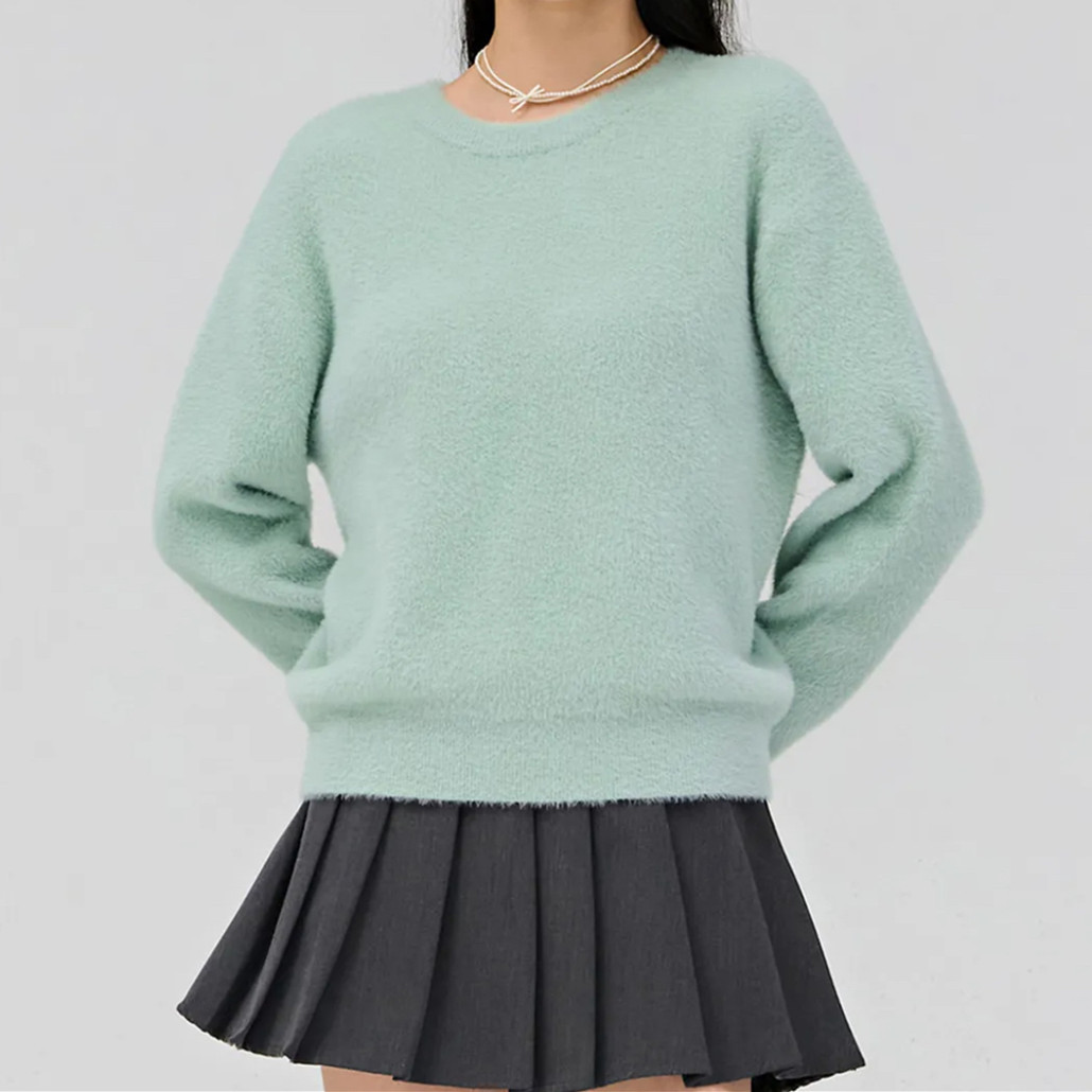 Faux Mink Fleece Crewneck Sweater Women's Fuzzy Long Sleeve Pullover Knit Top