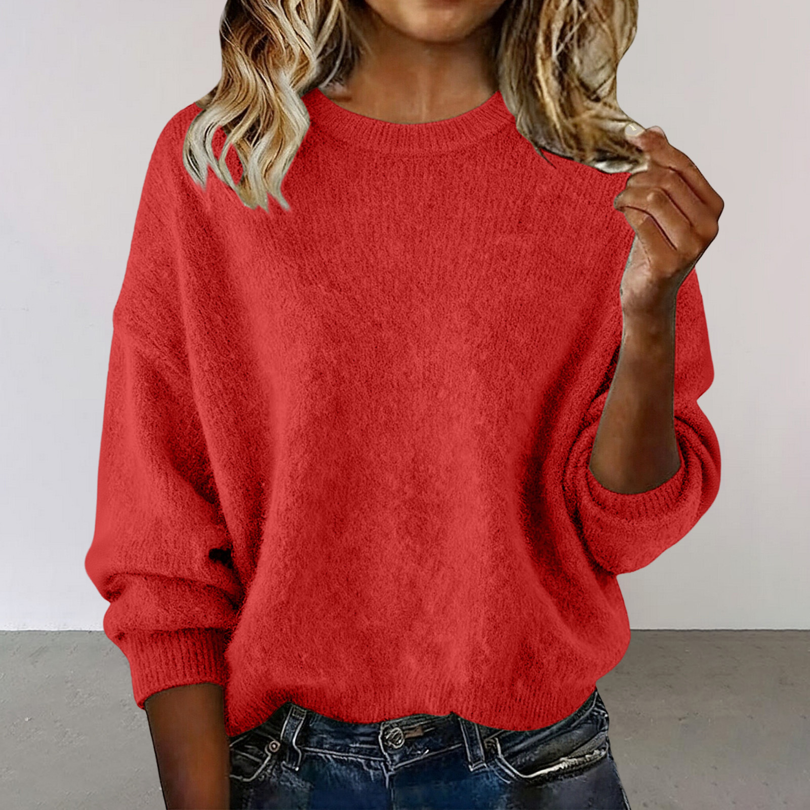 Women's Solid Crewneck Loose Knit Sweater