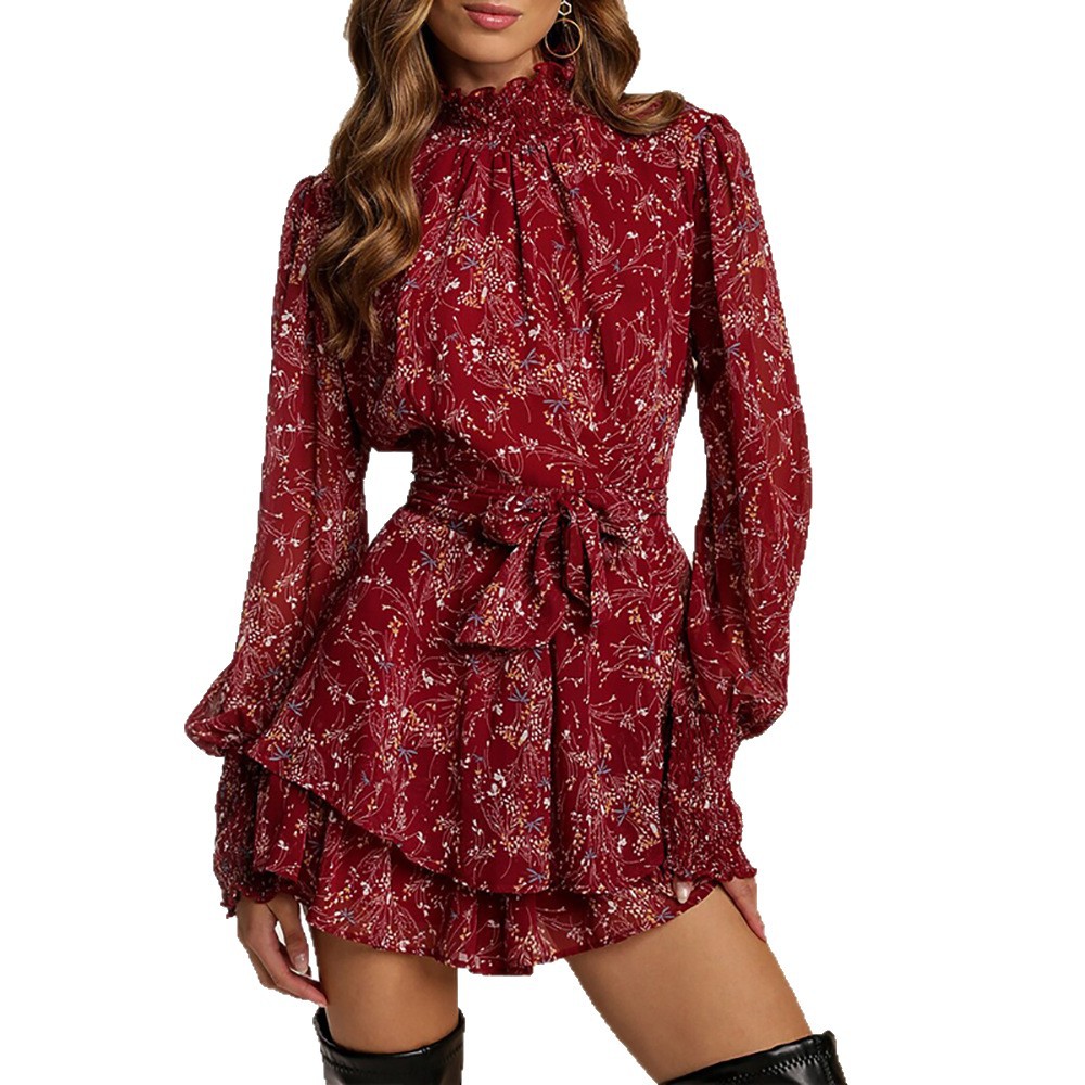Women's Fall Print Dress with Waist-Cinching High-Waist A-Line Silhouette