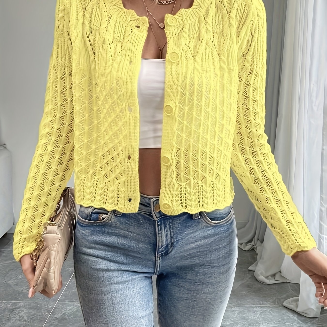 Women's Lightweight Floral Lace Cardigan Long Sleeve Knit Top