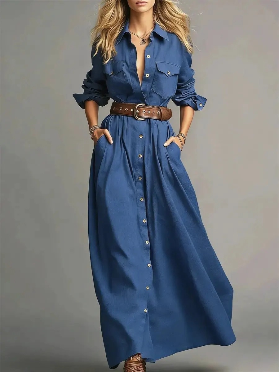 Women's Solid Color Long Sleeve Button-Front Shirt Dress
