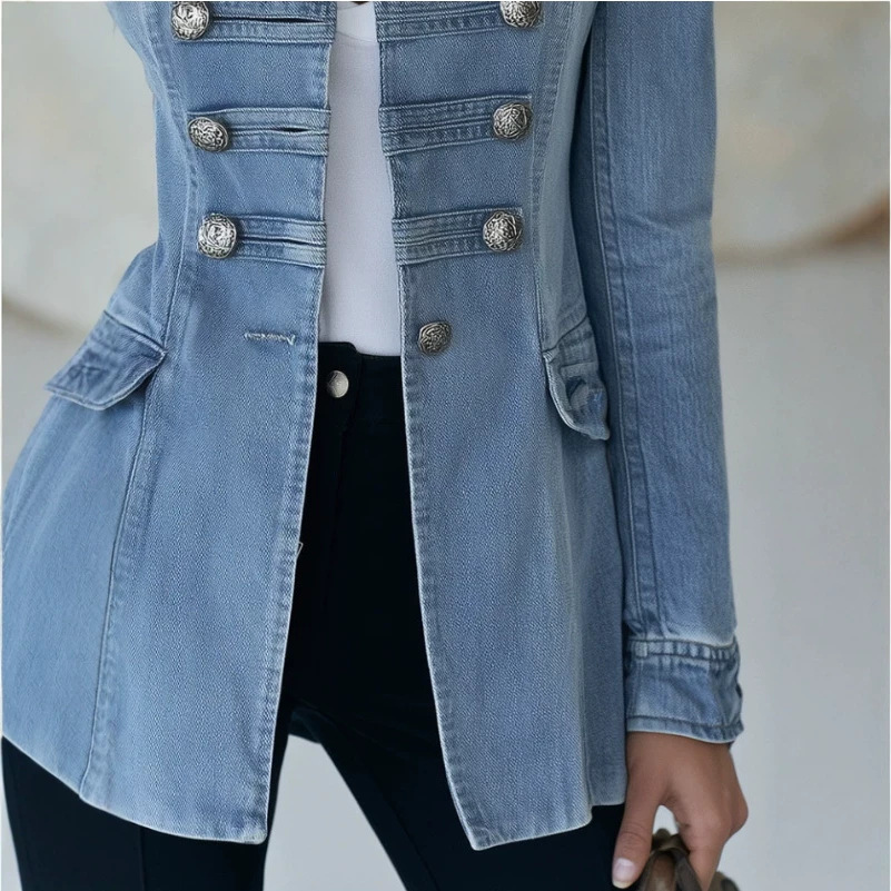 Women's Vintage Slim-Fit Light Wash Denim Jacket with Decorative Buttons