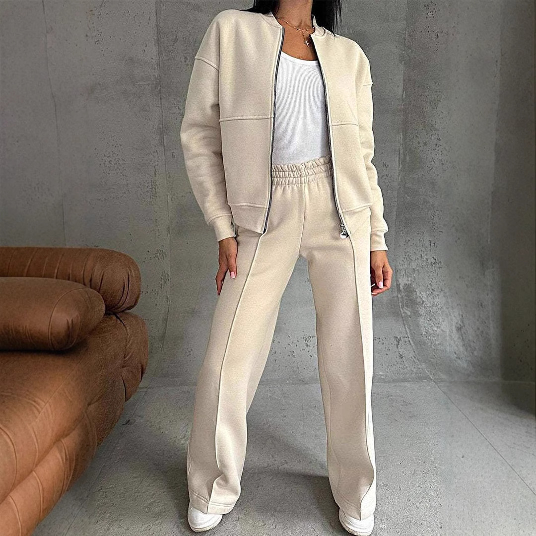 Women's Casual Zip Jacket & Wide-Leg Pants Two-Piece Set