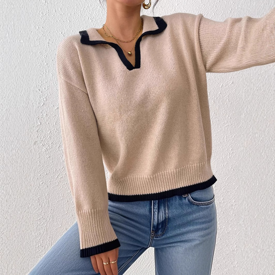 Women's Color-Block Polo Collar Pullover Sweater