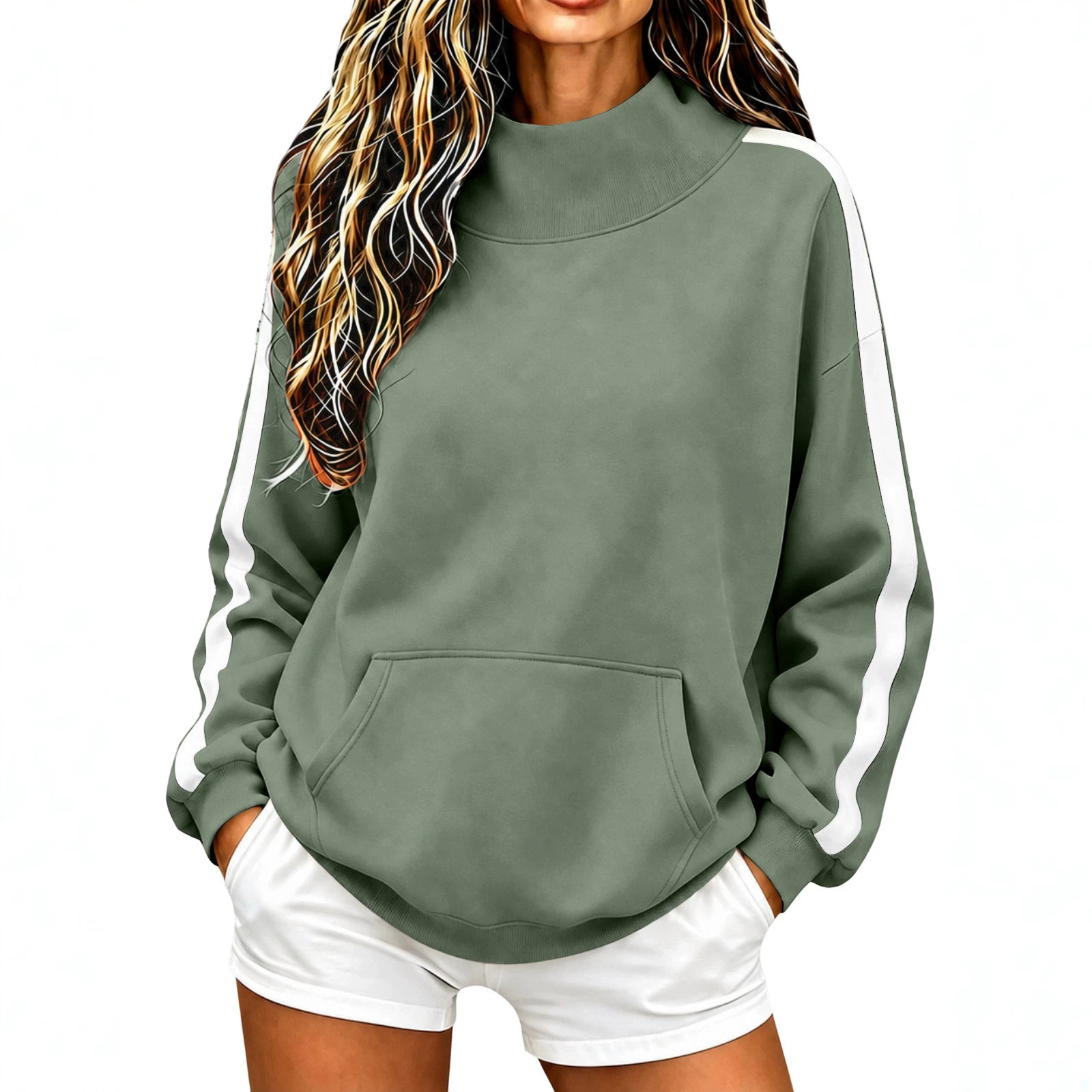 2026 Cross-Border European & American Autumn/Winter New Women's High Neck Ribbed Sweatshirt Loose Casual Sporty Style Sleeve Stripe Sweatshirt Women