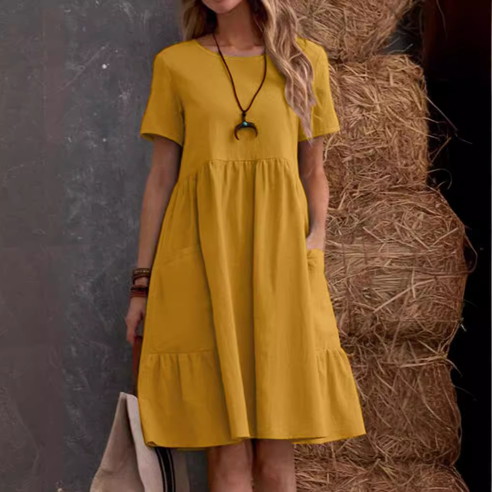 Women's Vintage Loose Solid Crewneck Cotton Dress with Pockets