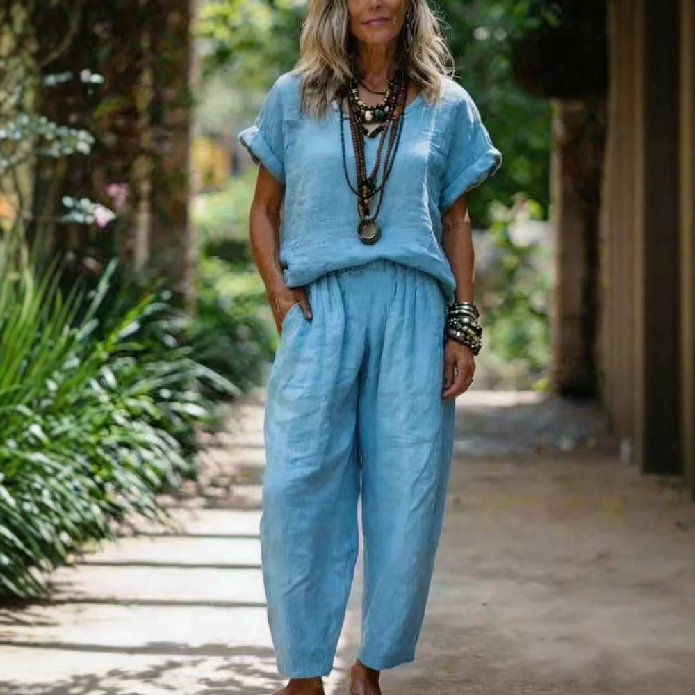 Women's Cotton-Linen Short Sleeve Crewneck Top and Straight-Leg Pants Set
