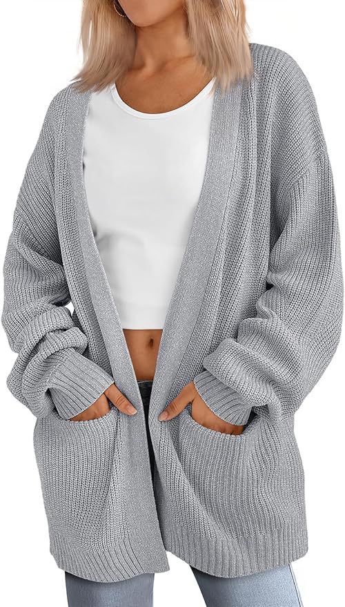Women's Long Knit Cardigan Loose Cable Knit V-Neck Sweater Coat with Pockets
