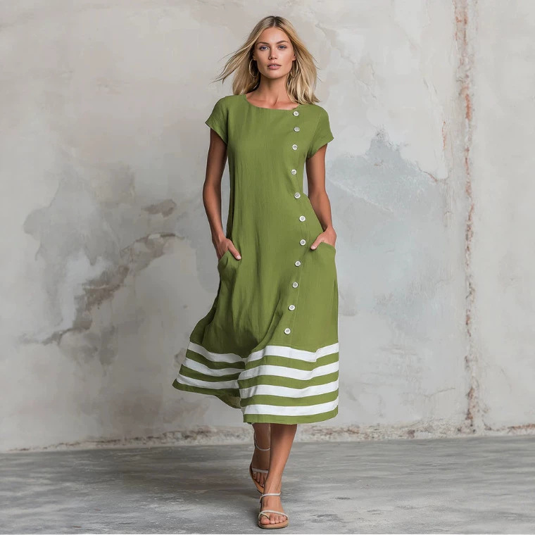Retro Color-Block Striped Green Crewneck Short-Sleeve Midi Dress
