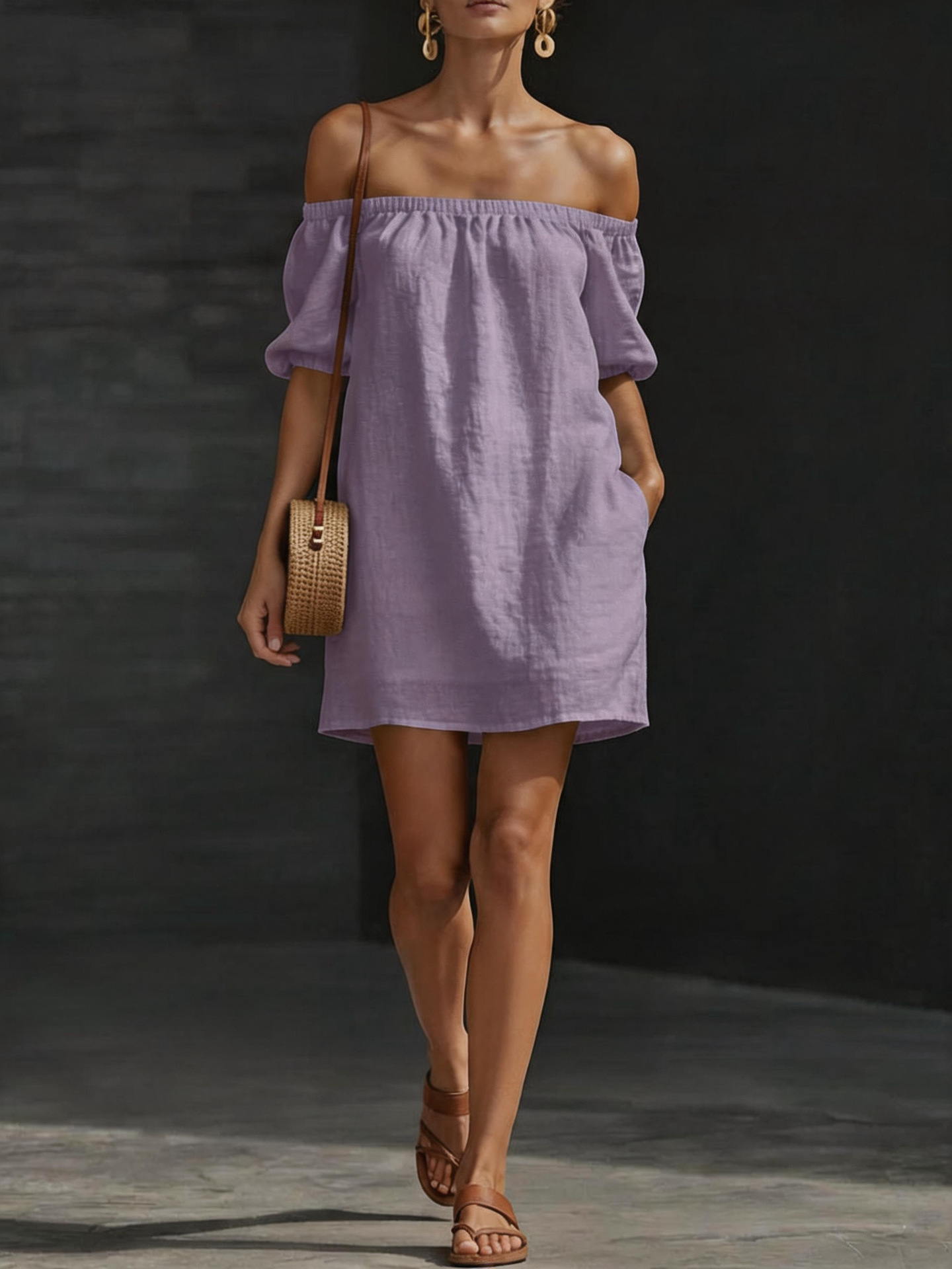 Women's Cotton-Linen Off-Shoulder Dress Solid Color Loose Fit