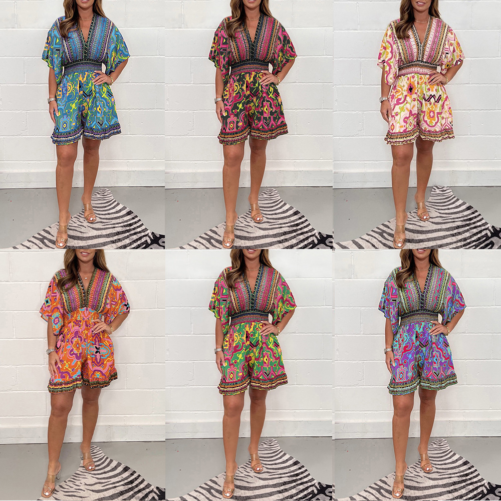 Women's Ethnic Print V-Neck Short Sleeve Jumpsuit