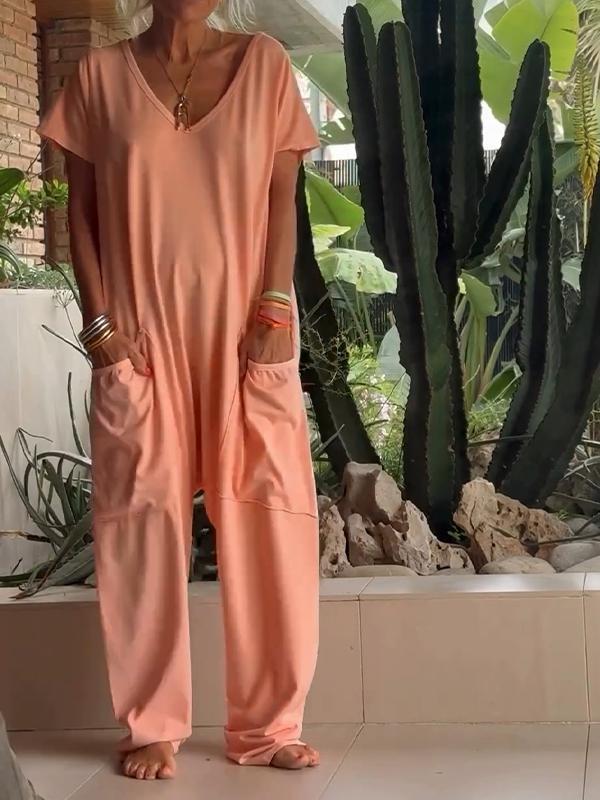 Women's Solid Color V-Neck Short Sleeve Jumpsuit with Pockets