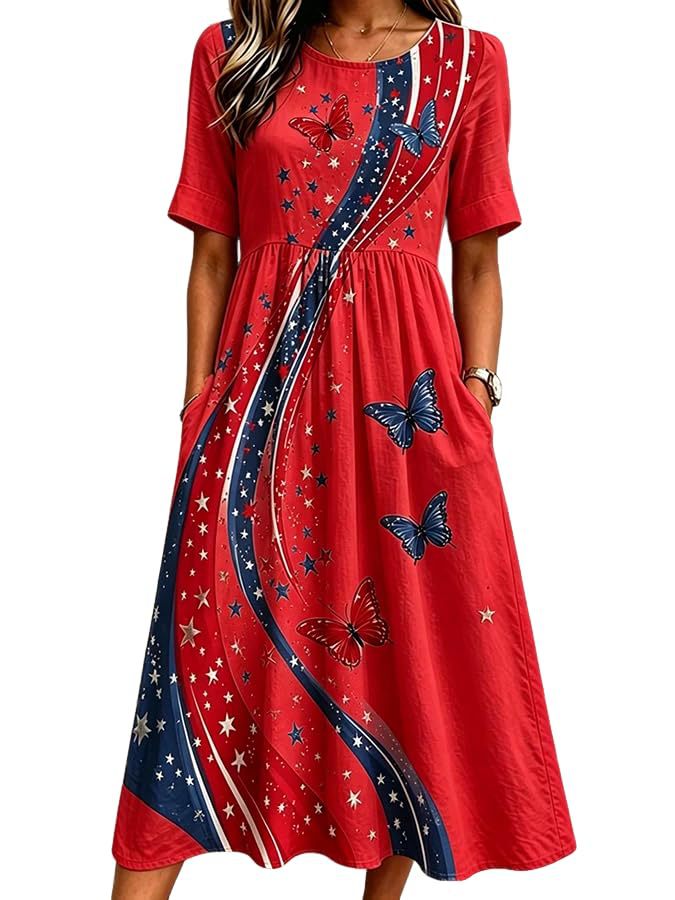 Women's Floral Butterfly Print Pleated Midi Dress