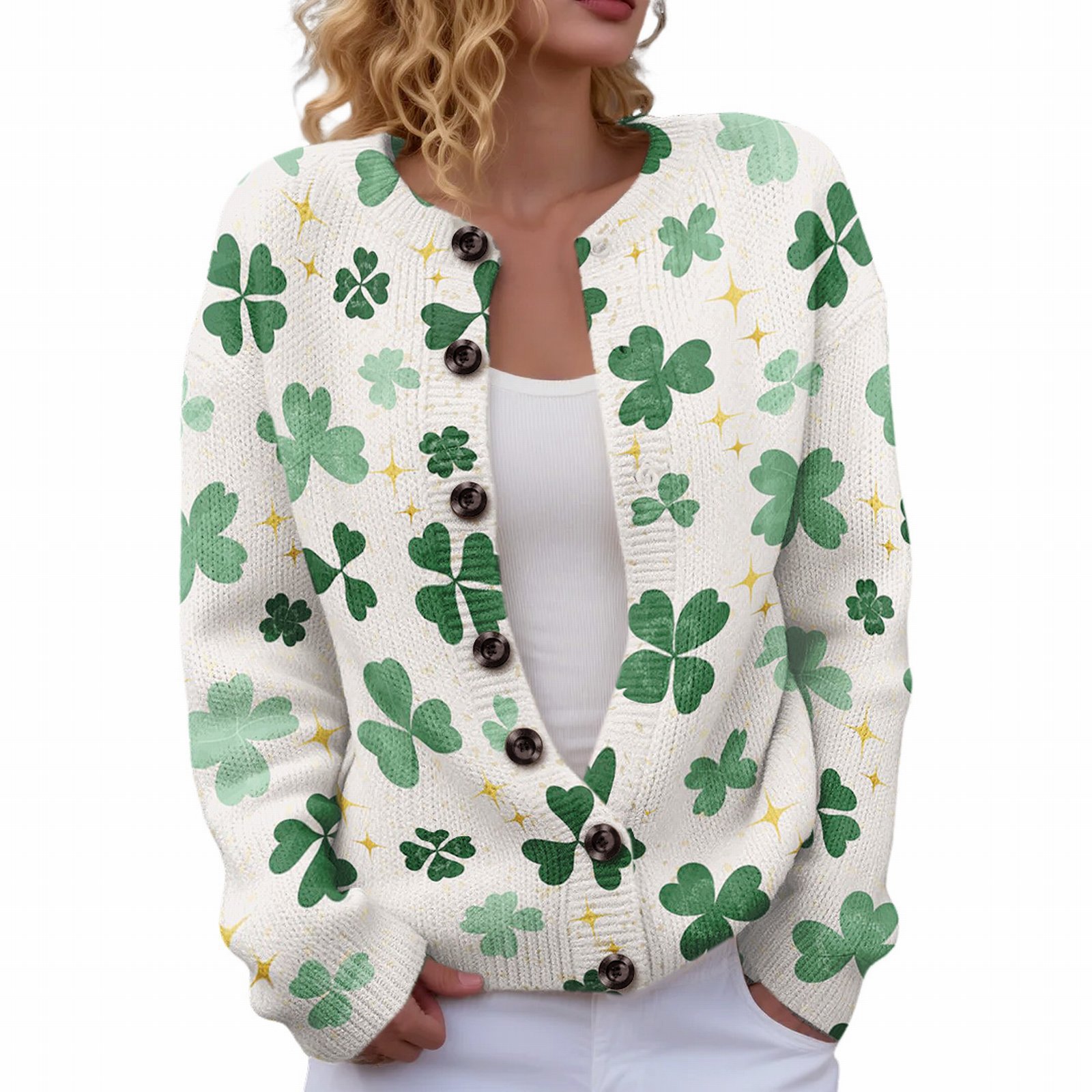 Women's Four-Leaf Clover Print Button Cardigan Sweater