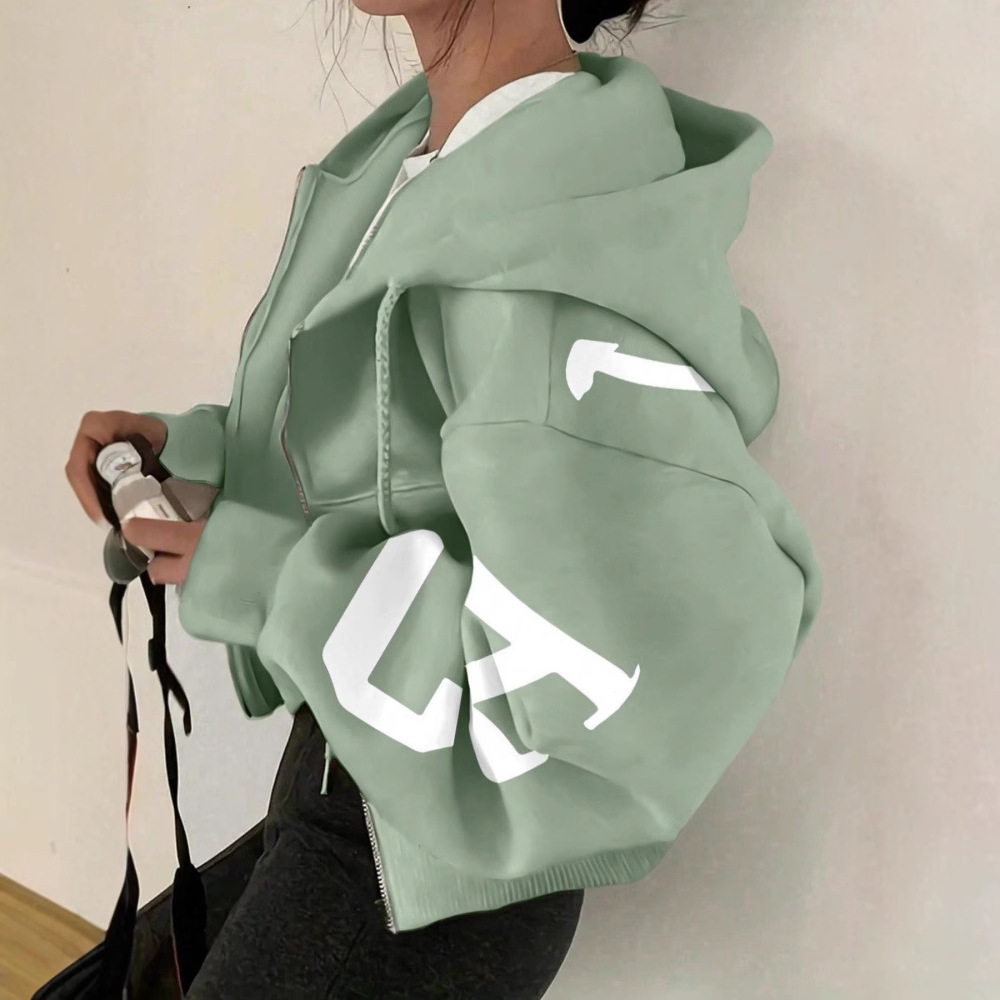 Women's Casual Letter Print Loose Hooded Zip-Up Sweatshirt