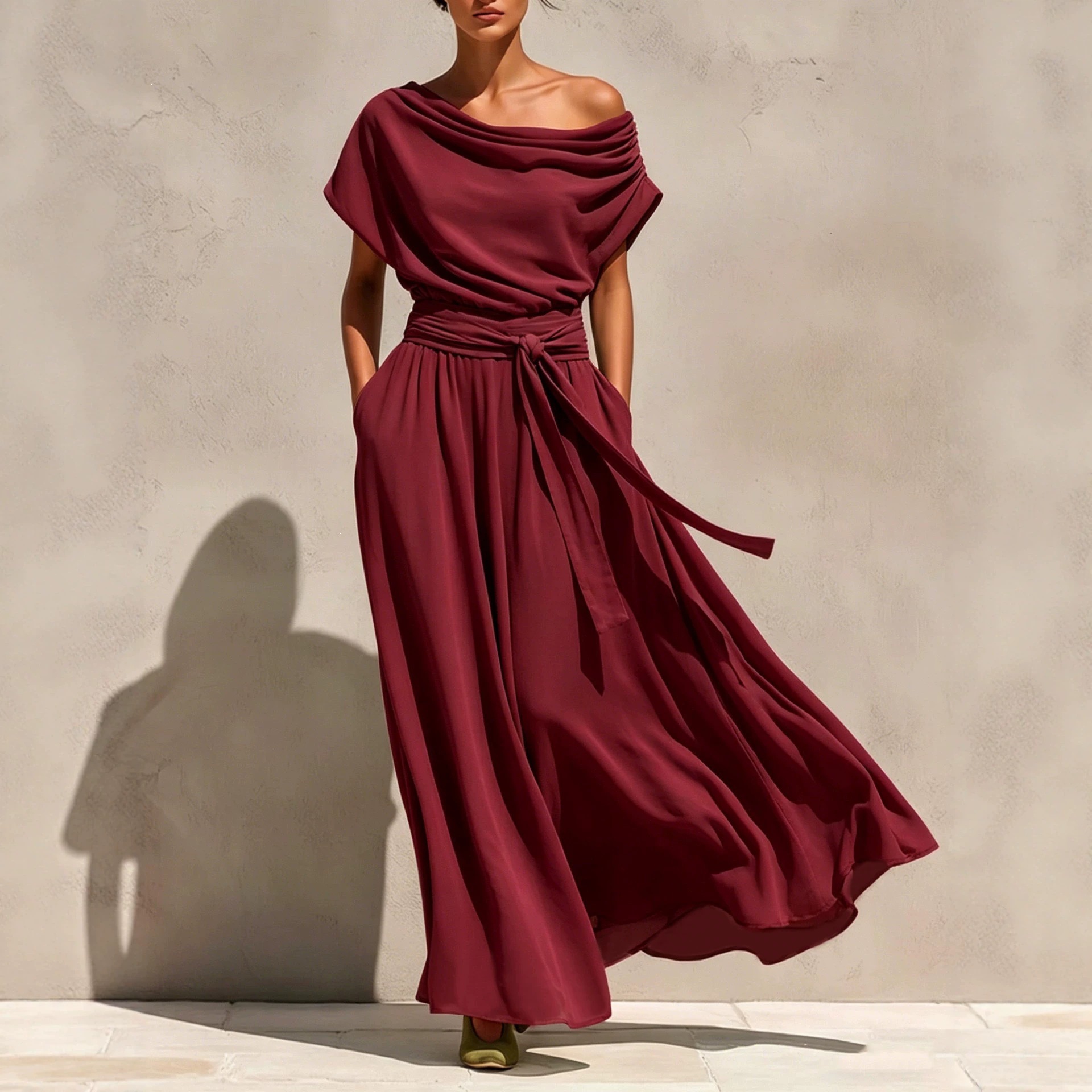 Boat Neck Short Sleeve Bohemian Chiffon Waist-Cinching Slimming Dress