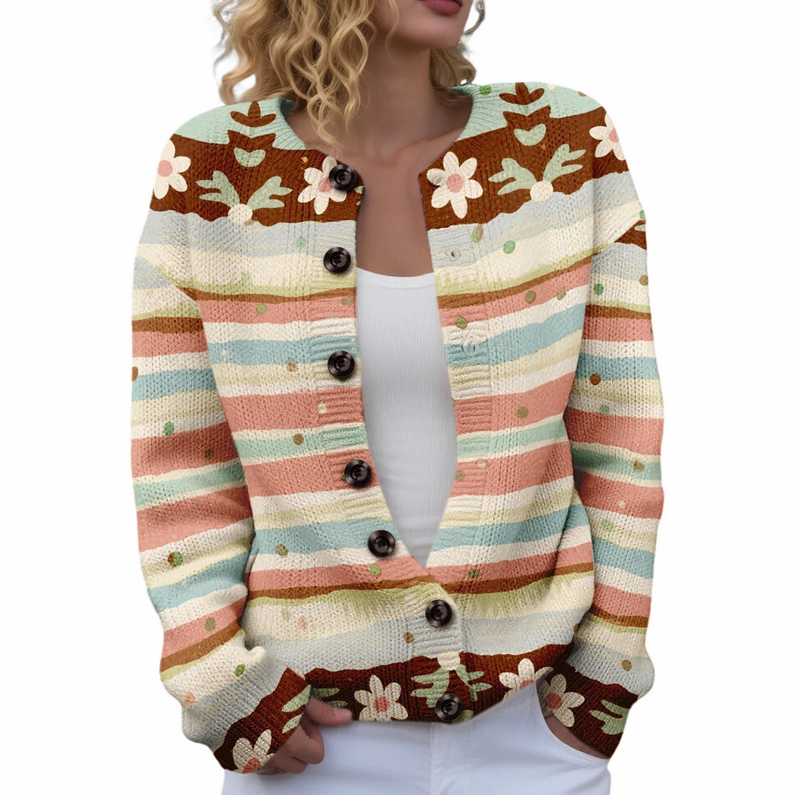Women's Floral Maple Leaf Print Button Cardigan
