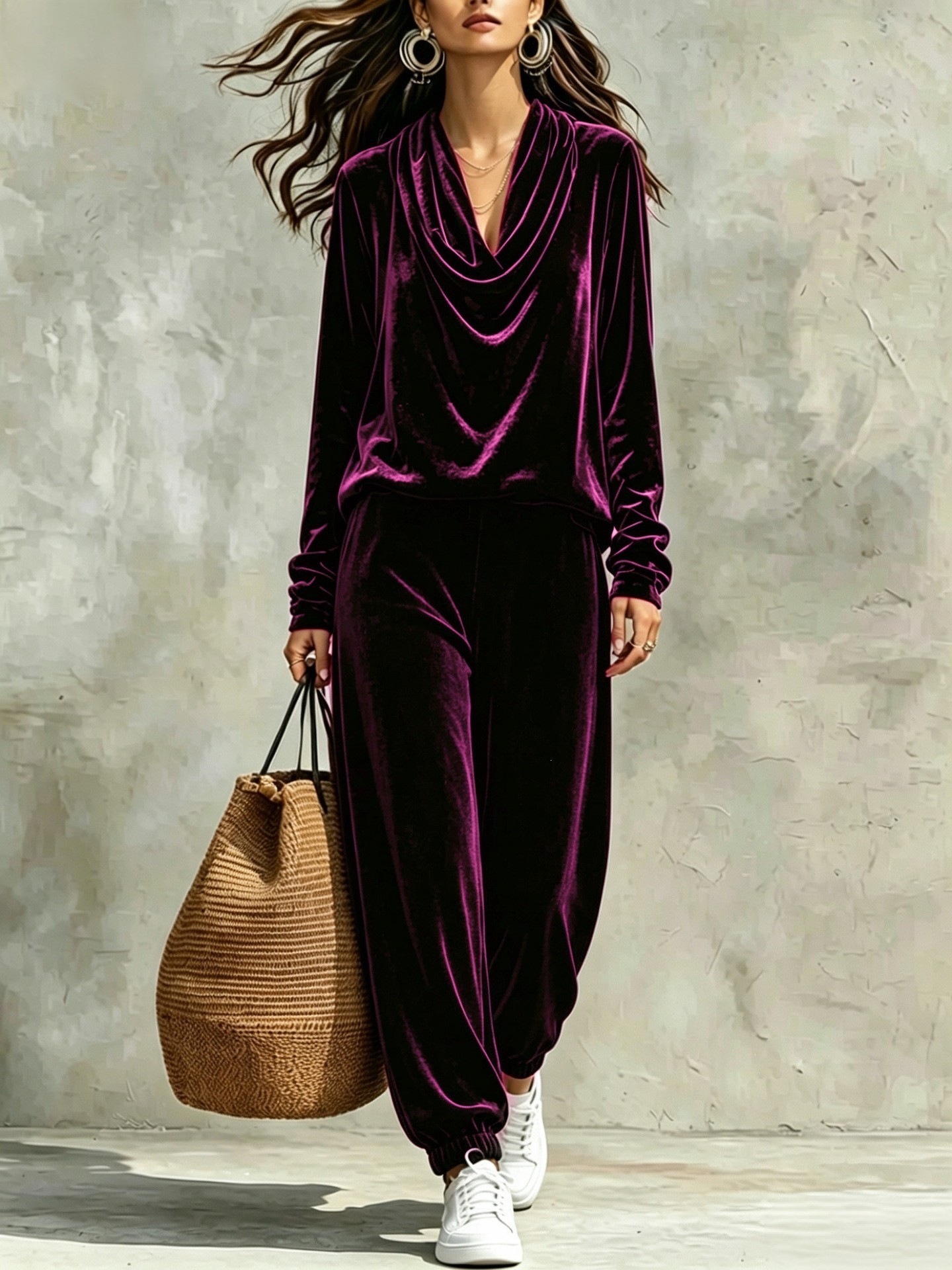 Women's Casual Cowl Neck Long Sleeve Top and Jogger Pants Set