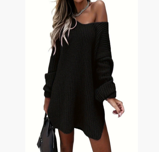Women's Solid V-Neck Pullover Knit Sweater Loose Fit Split Hem