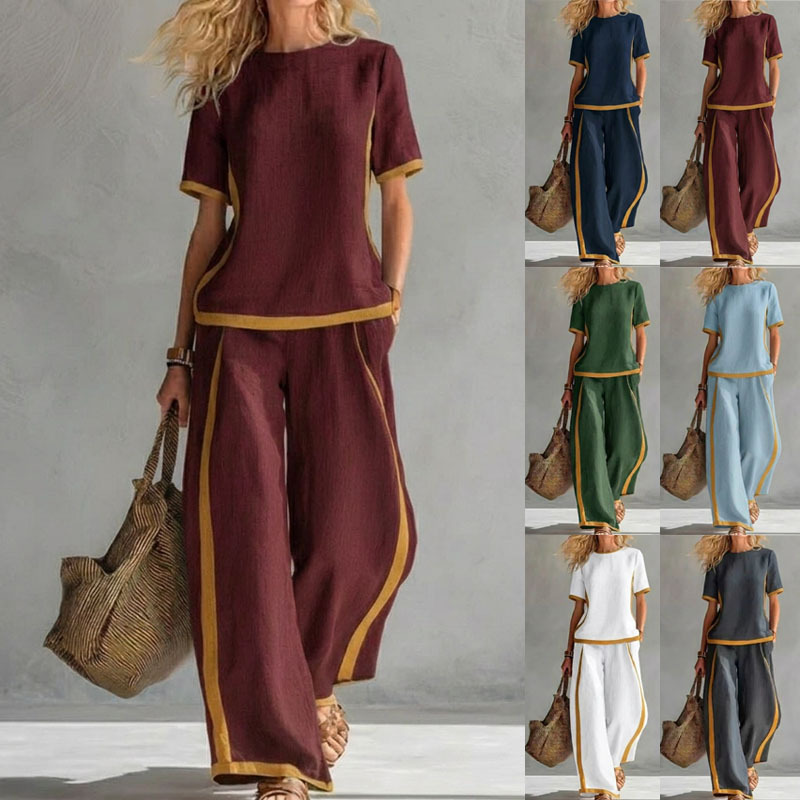 Women's Color-Block Short Sleeve Tee & Wide-Leg Pants Two-Piece Set