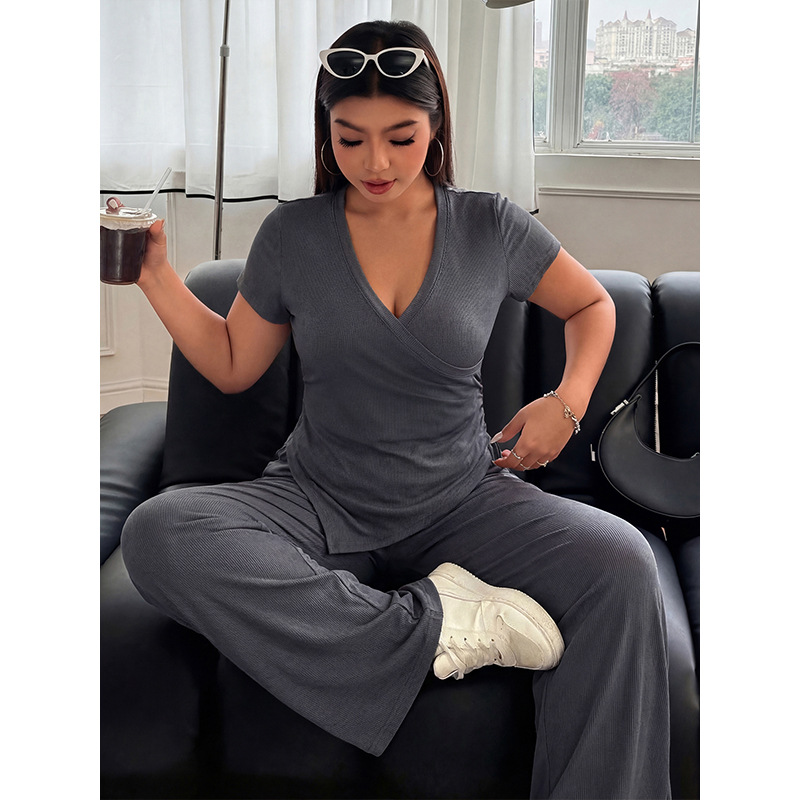 Plus Size Gray V-Neck Ruched Top and Wide-Leg Pants Set
