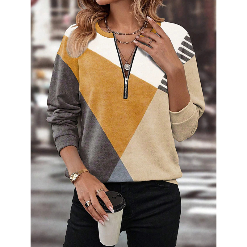 Color-Block Loose Zip-Up Long-Sleeve V-Neck Sweatshirt