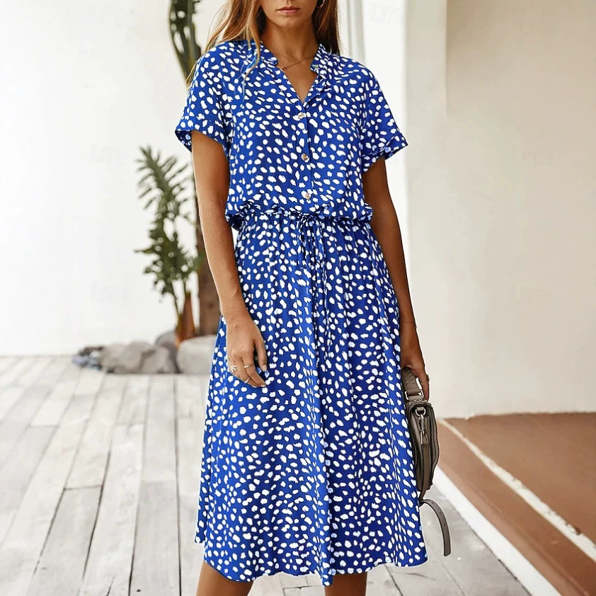 Women's Polka Dot Button-Front Tie Dress with Stone Floral Print
