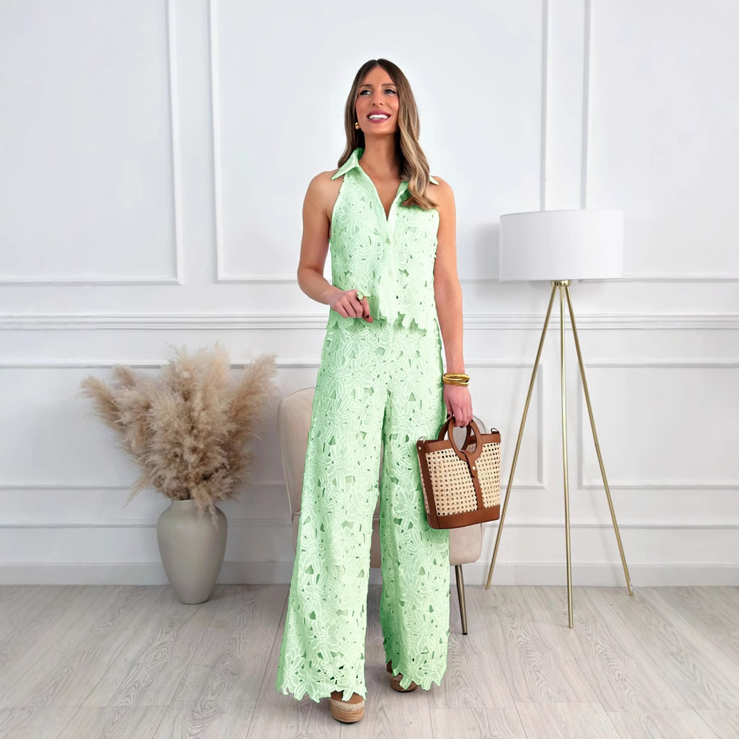 French Embroidered Cutout V-Neck Tank Top and Wide-Leg Pants Set