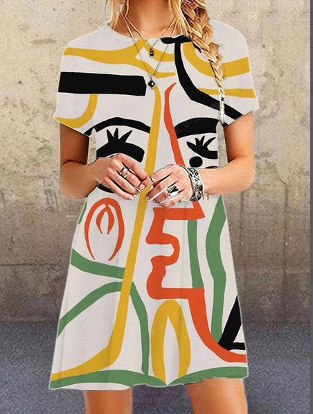 Abstract Face Print Puff Sleeve Mini Dress