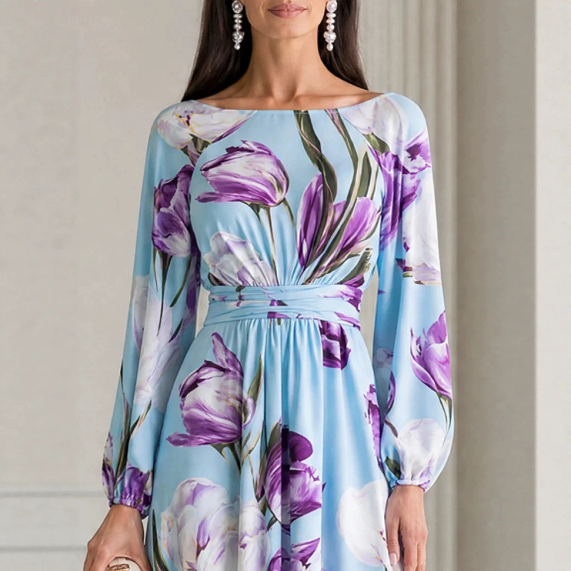 Elegant Floral Print Long Sleeve Bodycon Maxi Dress