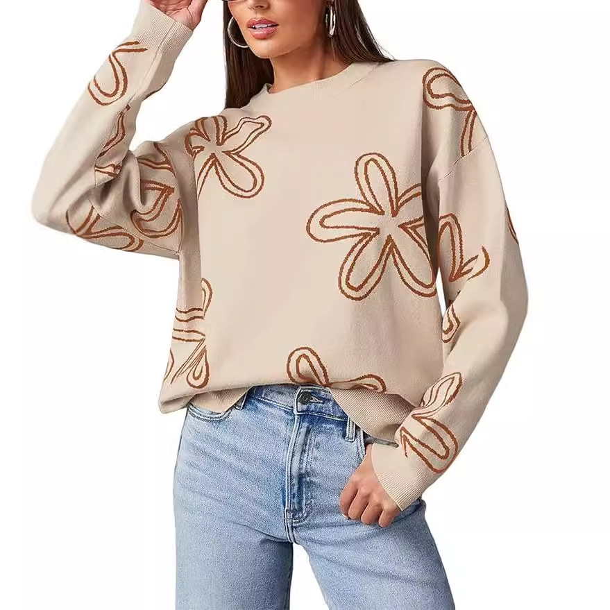Women's Floral Print Chunky Knit Crewneck Long Sleeve Pullover Sweater