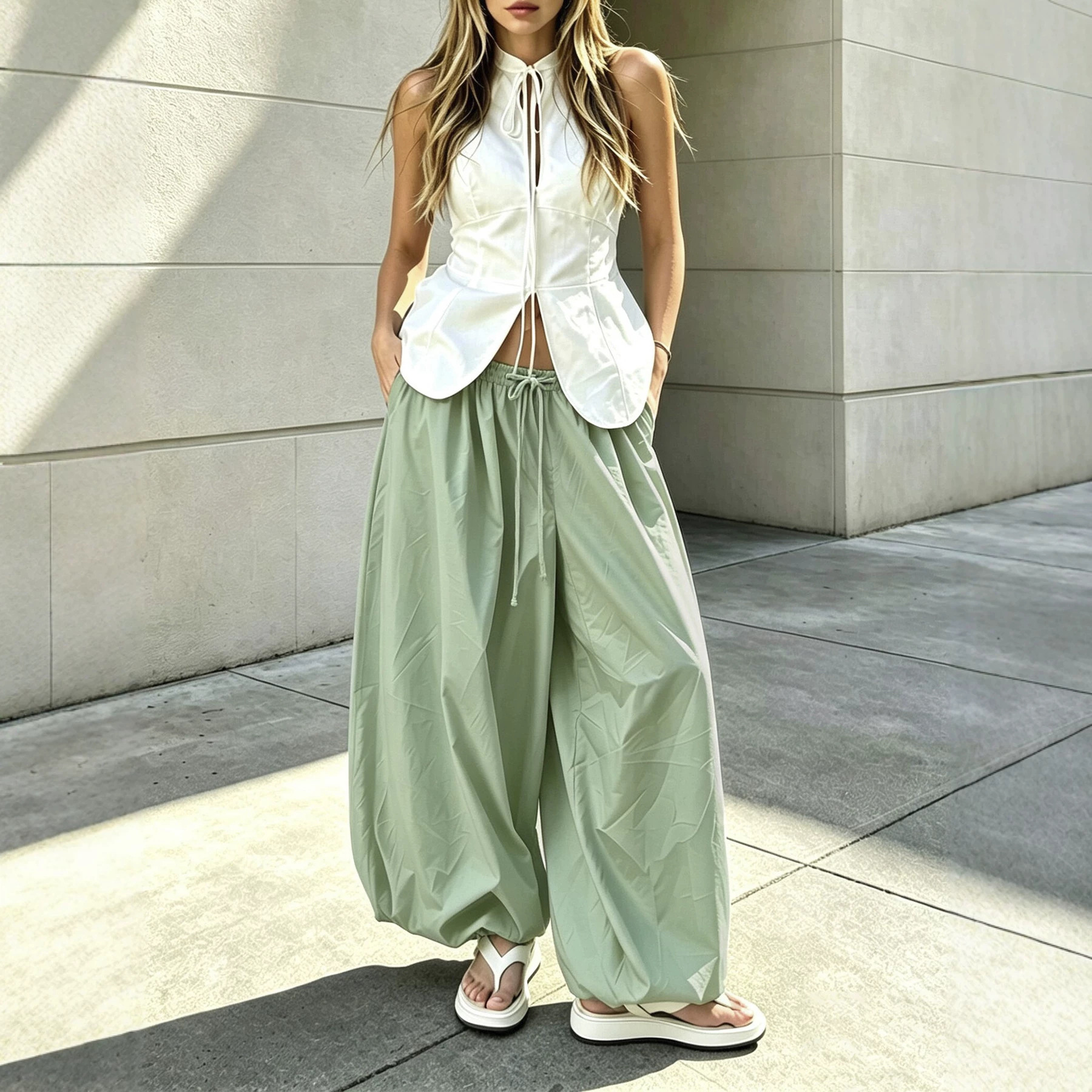 Women's Balloon Pants Elastic Waist Cuffed Lightweight