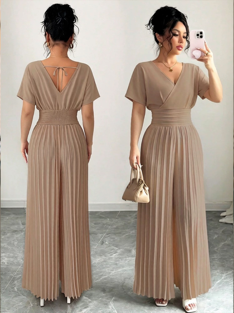 Elegant Solid V-Neck Pleated Waist-Defining Wide-Leg Jumpsuit