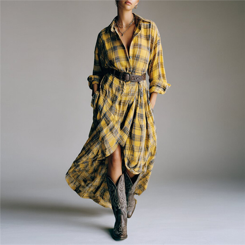 Retro Plaid Long Sleeve Shirt Dress Loose Casual