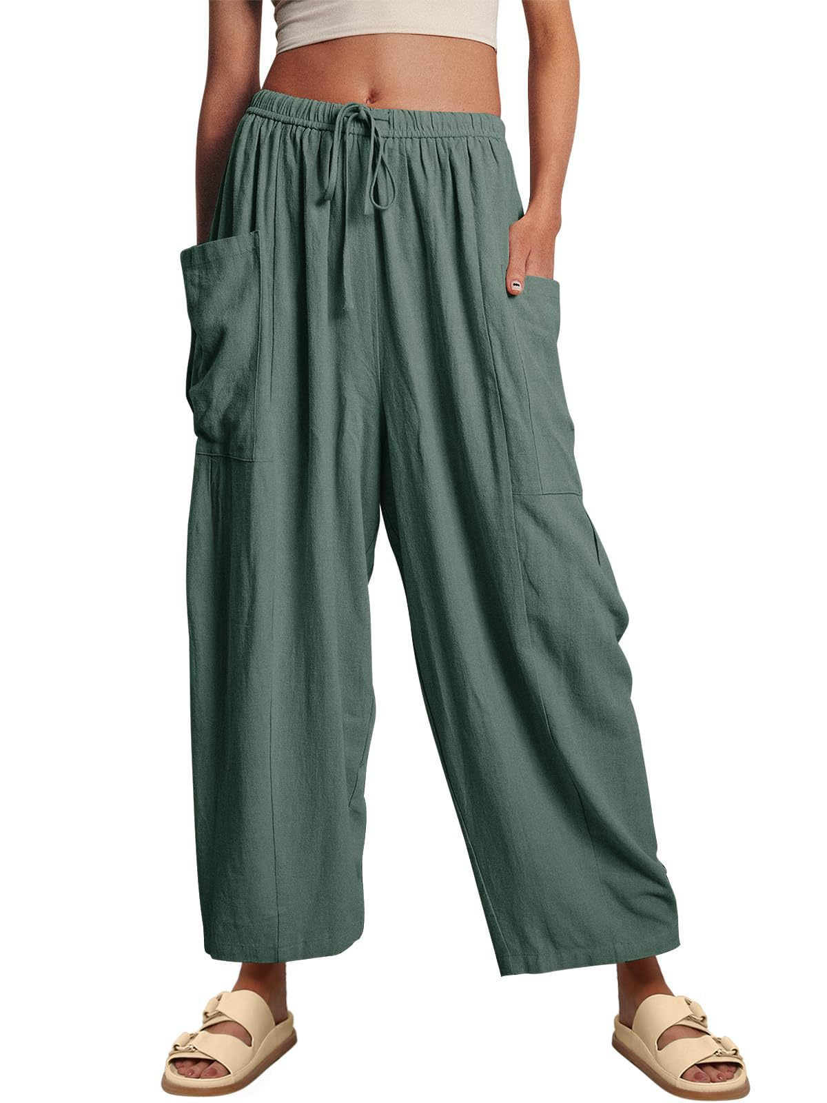 Women's Cotton-Linen Straight-Leg Cropped Pants with Elastic Waist and Pleats, Breathable Casual