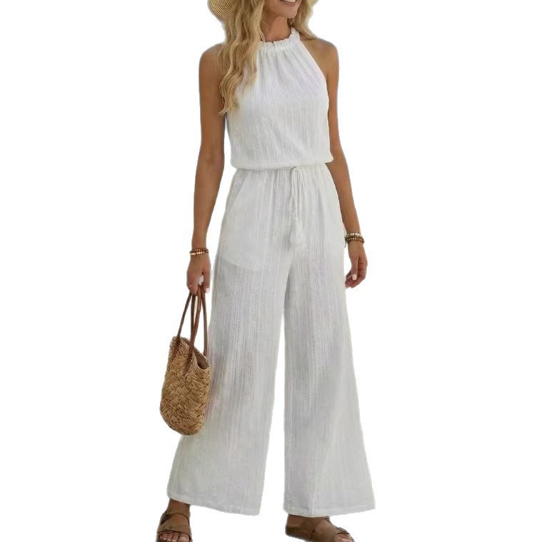 Women's Solid Color Wide-Leg Jumpsuit with Waist Tassel Tie and Pockets