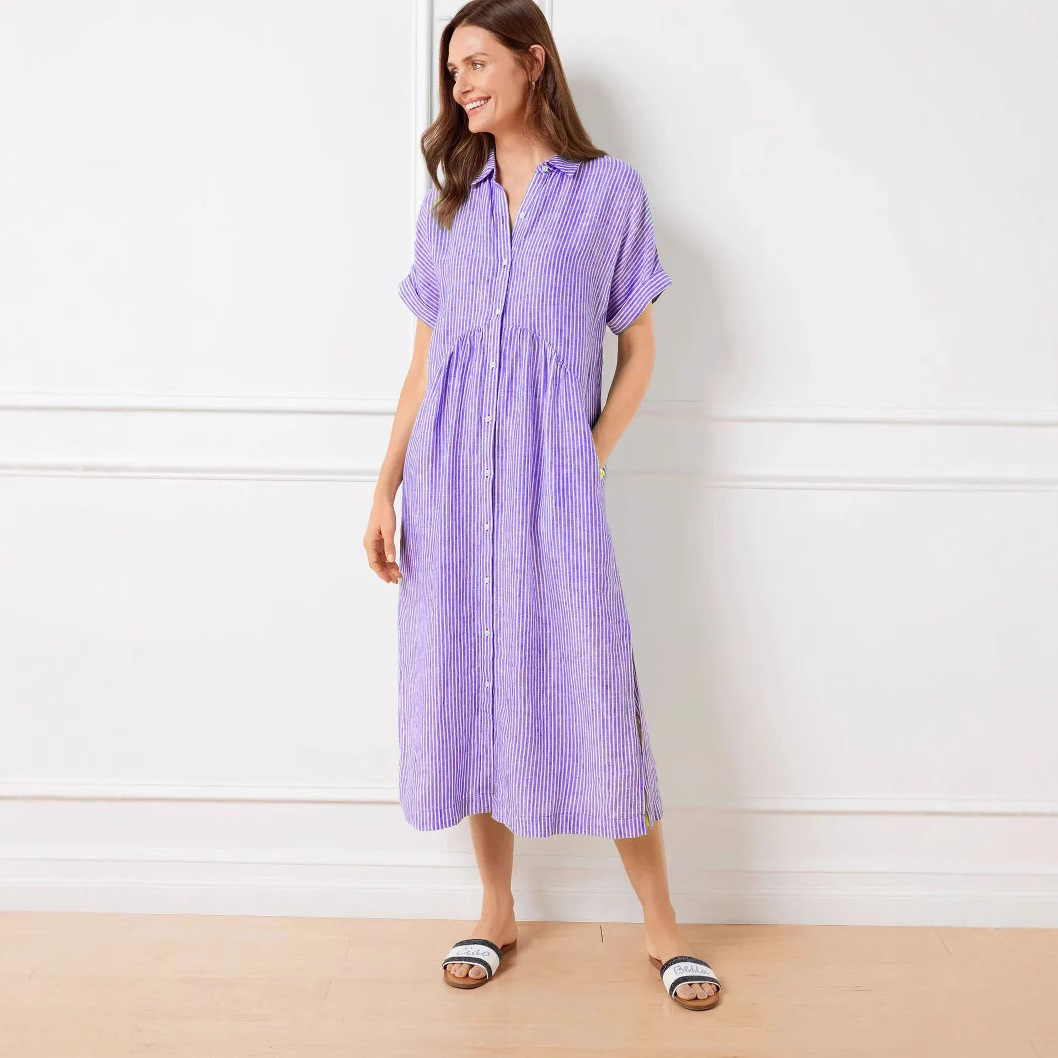 Striped Short Sleeve Shirt Dress Women's Loose Plus Size Cotton Linen Midi Dress