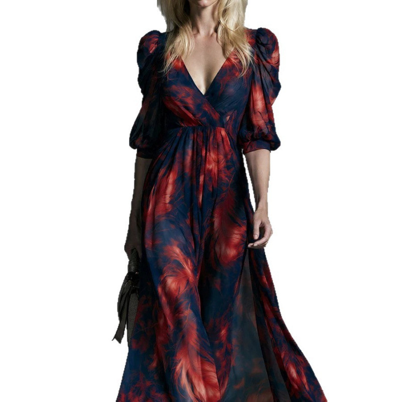 Printed V-Neck High-Waist Sleeveless Maxi Dress for Beach Vacation