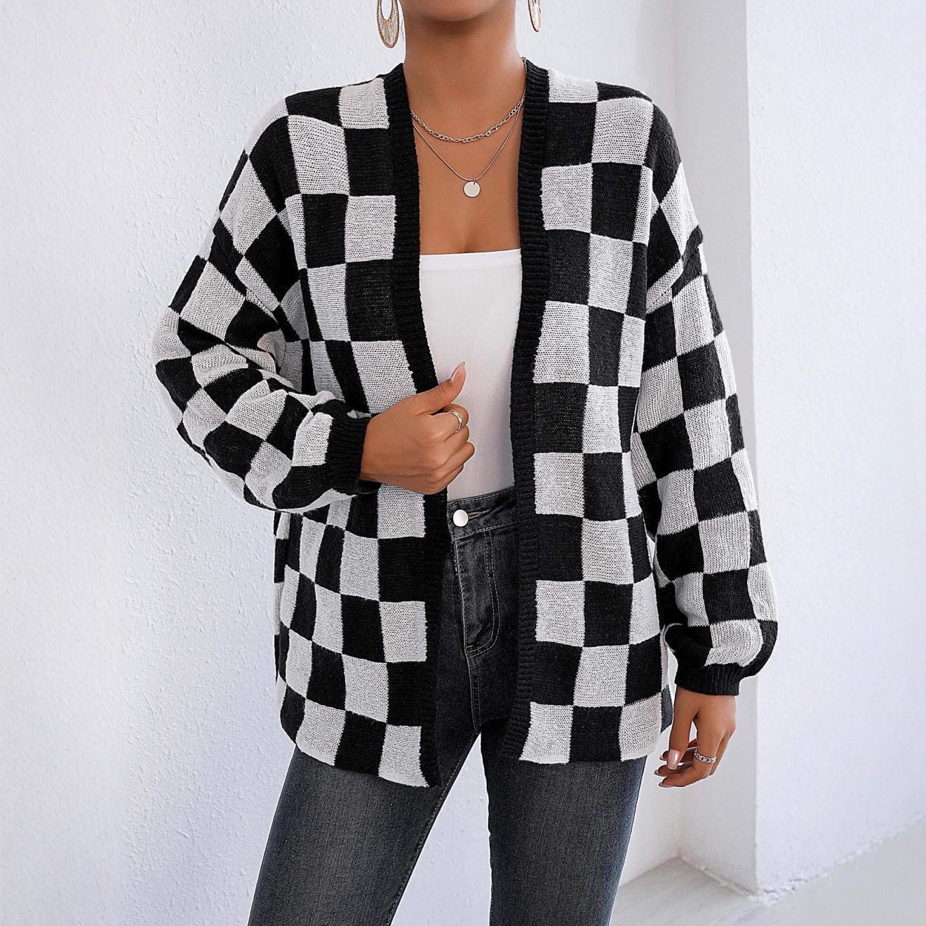 Checkered Open-Front Cardigan Sweater Coat