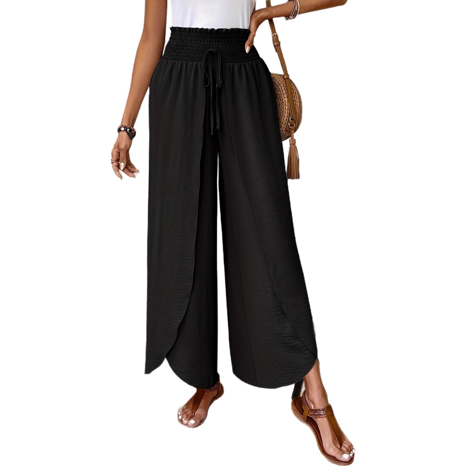 Women's Loose Solid Color Elastic Waist Irregular Wide-Leg Casual Pants