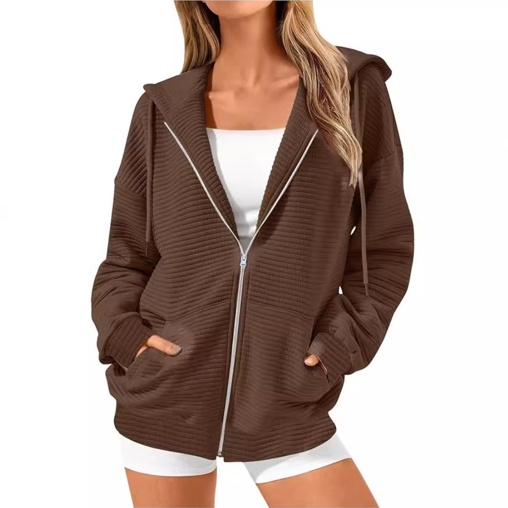 Long Sleeve Solid Color Zip-Up Hoodie with Pockets