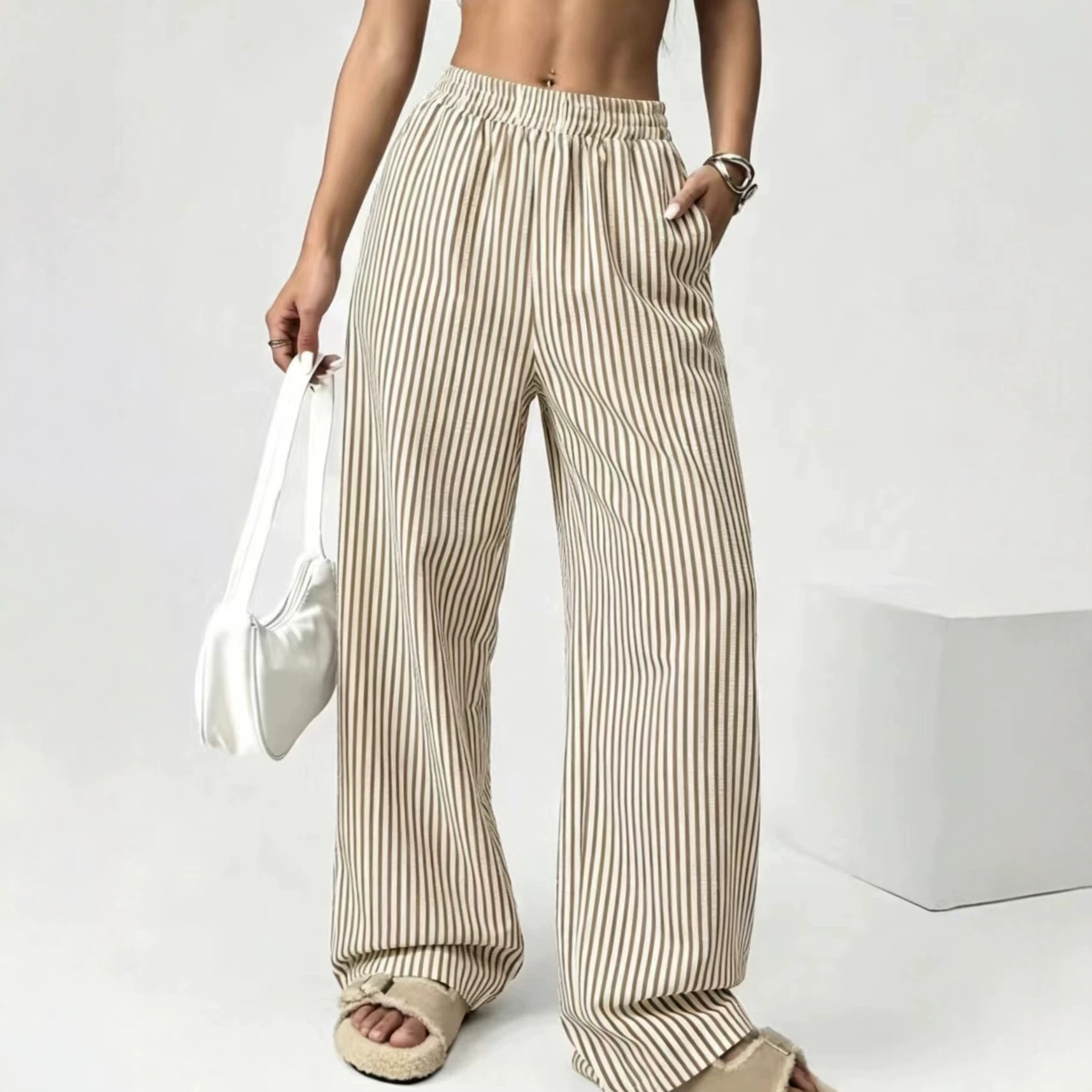 Striped Relaxed Elastic Waist Straight-Leg Pants with Pockets