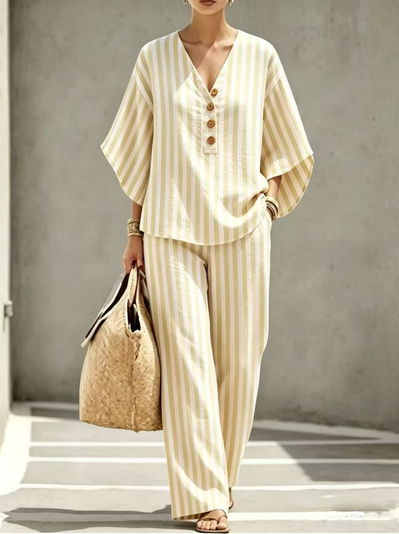 Women's Striped Print Three-Button Pant Set with Mid-Sleeve Top