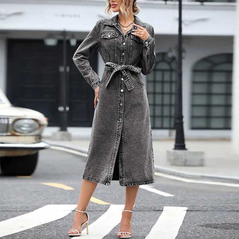 Women's Long Sleeve Tie-Waist Denim Shirt Dress