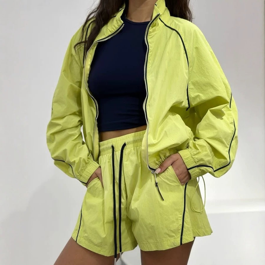 Retro Striped Long-Sleeve Zip Cardigan and Tie Shorts Two-Piece Set