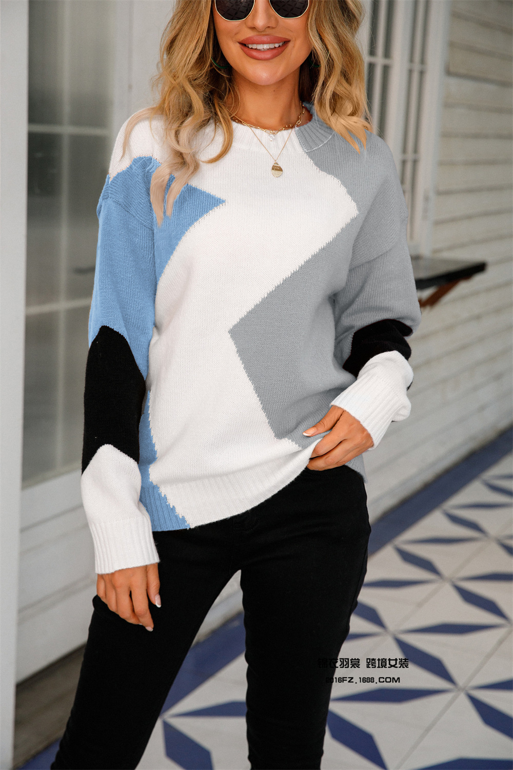 Diamond Pattern Crewneck Pullover Sweater Long Sleeve Knit Top