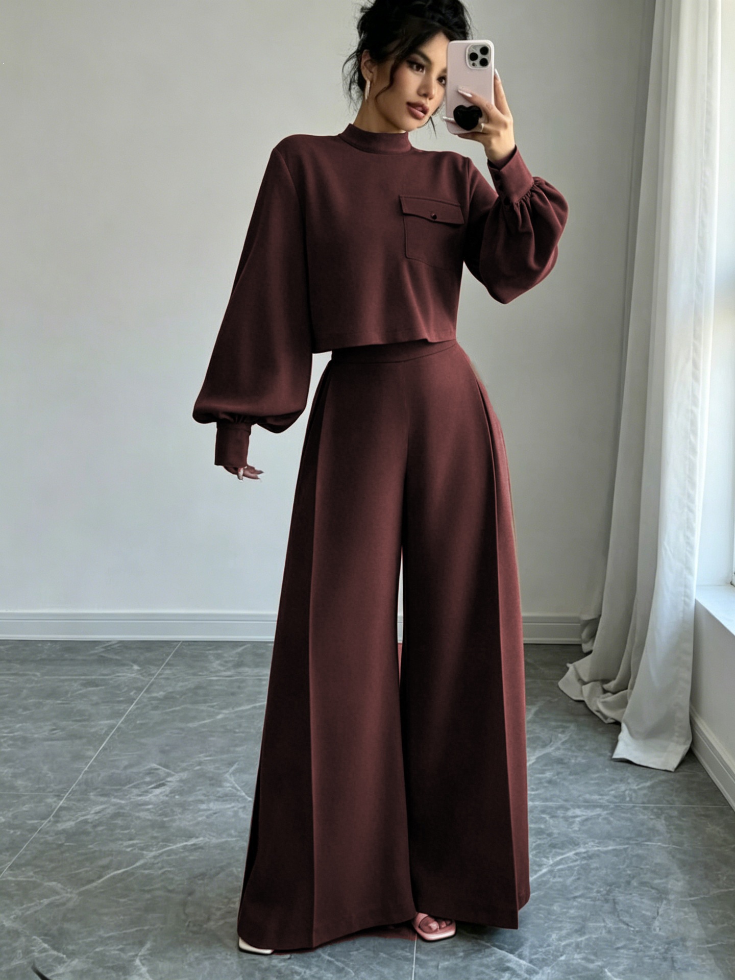 Women's Solid Color Wide-Leg Pants Set with Long-Sleeve Cropped Top
