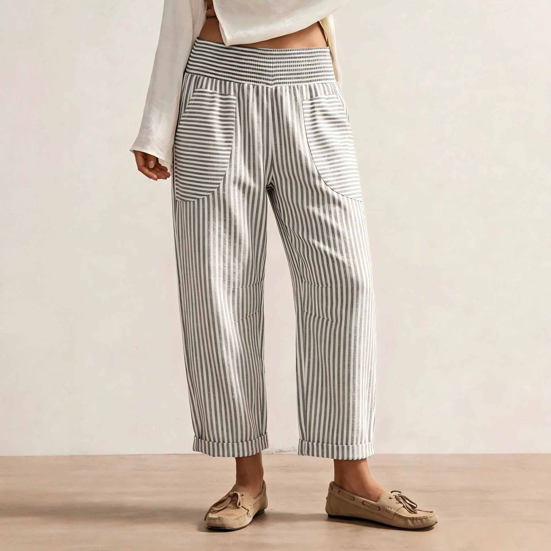 Women's Retro Striped Casual Pants with Pockets, Loose Straight-Leg