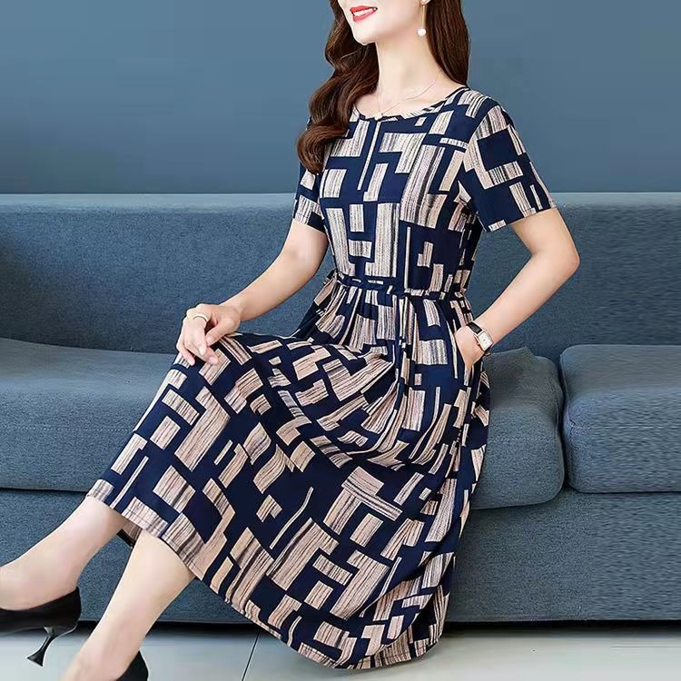 Women's Summer Midi Dress Short Sleeve Round Neck A-Line Slimming Casual